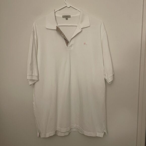 Burberry Mens White Polo Nova Check Casual Cotton Shirt Pink Logo Size Large - Picture 1 of 7